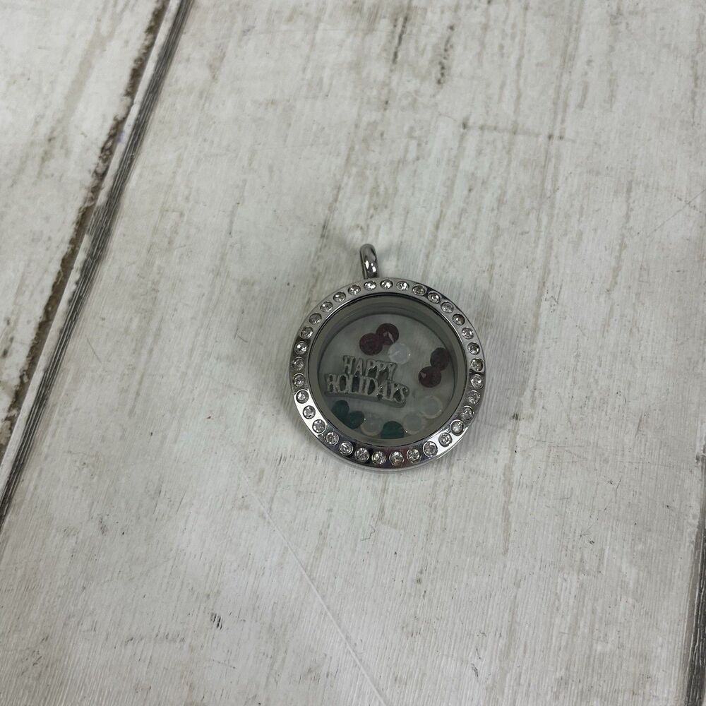 Origami Owl Silver Toned Rhinestone Locket W/ Happy Holidays & Red, Green, White